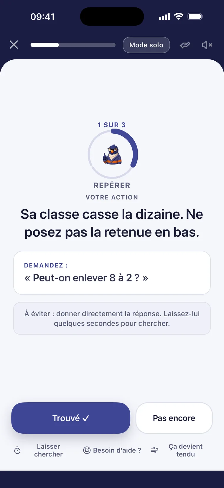 Séance guidée qui laisse l’enfant chercher puis expliquer.