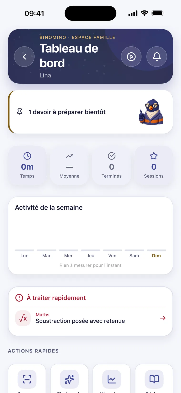 Tableau de bord des devoirs et notions à consolider.