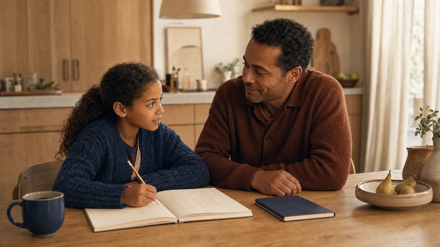 Un père accompagne son enfant dans ses devoirs dans un second foyer.