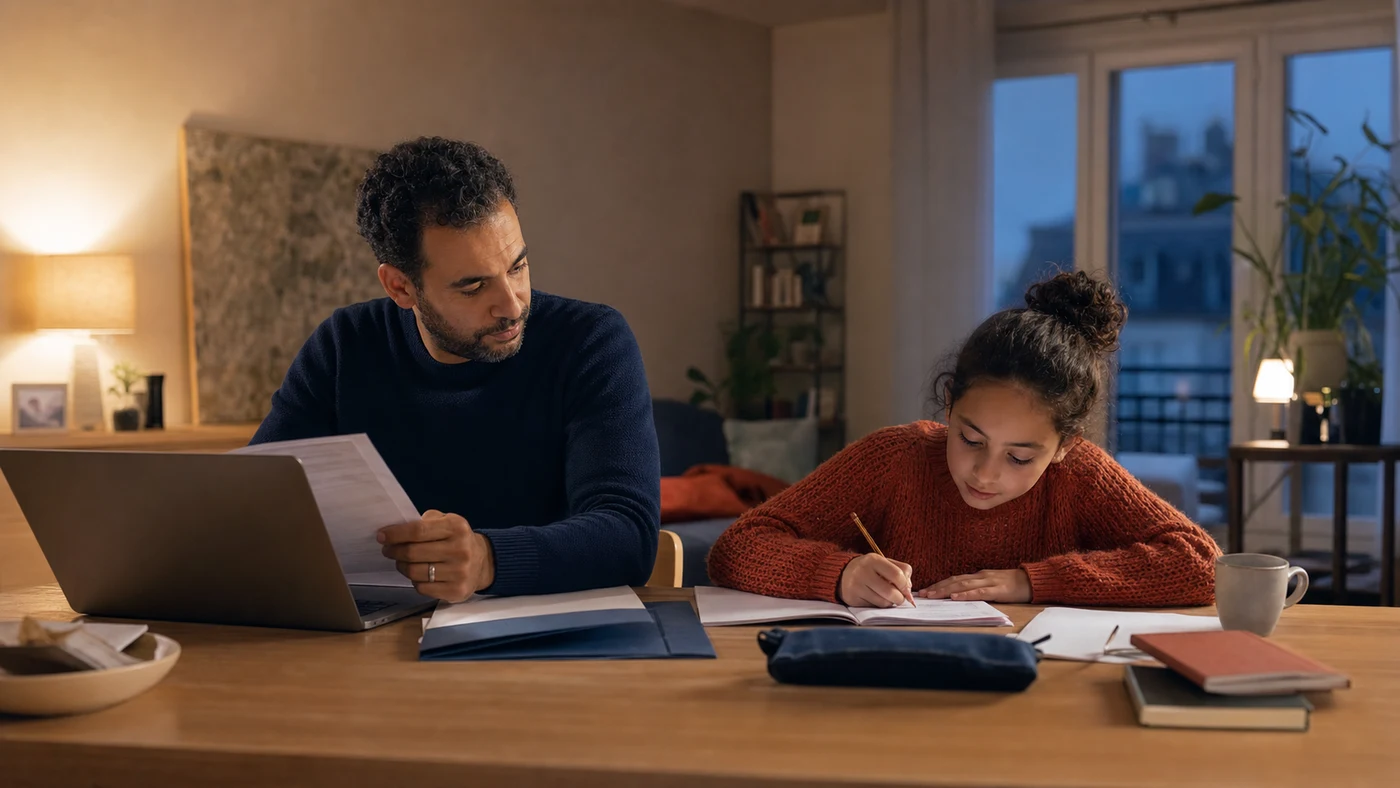 Un père occupé reste à côté de son enfant pendant les devoirs.